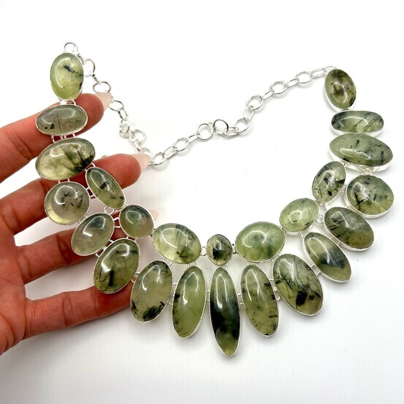 925 Massive Moss Prehnite Goddess Bib Collar Necklace Pendant - Picture 5 of 11
